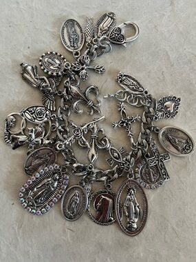 Charm Bracelet, Guadalupe, Saints Crosses Silver Tone Catholic All Saints Day